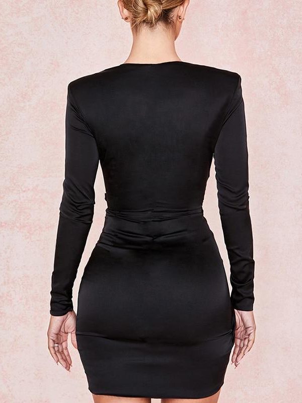 Ruched Designed Long Sleeve Satin Dress Women Irregular Slim Black Bodycon Mini Dress Night Club Party Vestidos Mujer - Takalr