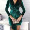 Ruched Long Sleeve Bodycon Dress Women Solid Green Velvet Dress Winter V Neck Party Dress Irregular Mini Vestidos - Takalr