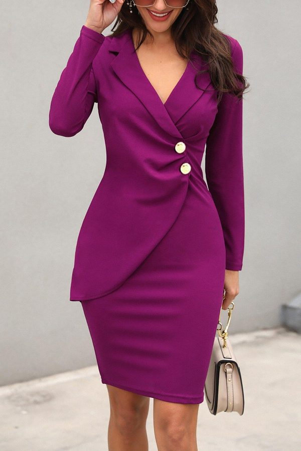 Ruched design button bodyxon dress women Long sleeve office workwear OL style Elegant dress Autumn solid vestidos mujer - Takalr