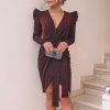 Ruched shoulder shinny wrap dress women long sleeve dresses Fall asymmetrical tie waist v neck  party dress vestidos mujer - Takalr