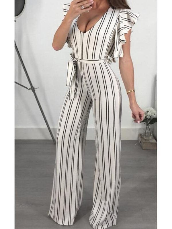 Ruffle sleeve wrap jumpsuit Summer fashion wide leg pants women jumpsuit Striped printed high waist rompers female overalls new - Takalr