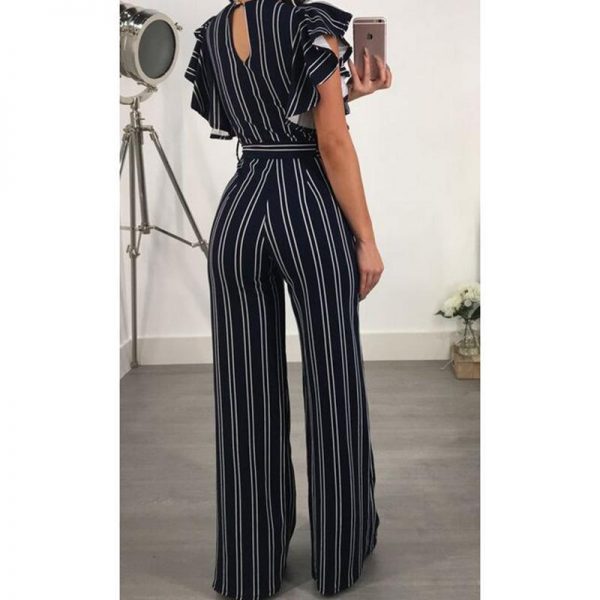 Ruffle sleeve wrap jumpsuit Summer fashion wide leg pants women jumpsuit Striped printed high waist rompers female overalls new - Takalr