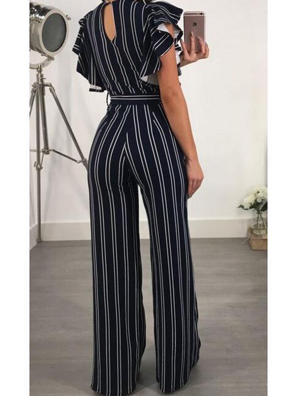 Ruffle sleeve wrap jumpsuit Summer fashion wide leg pants women jumpsuit Striped printed high waist rompers female overalls new - Takalr