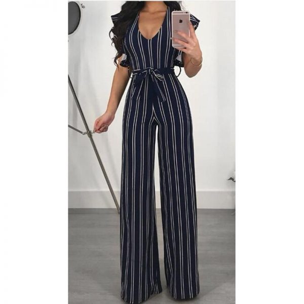 Ruffle sleeve wrap jumpsuit Summer fashion wide leg pants women jumpsuit Striped printed high waist rompers female overalls new - Takalr