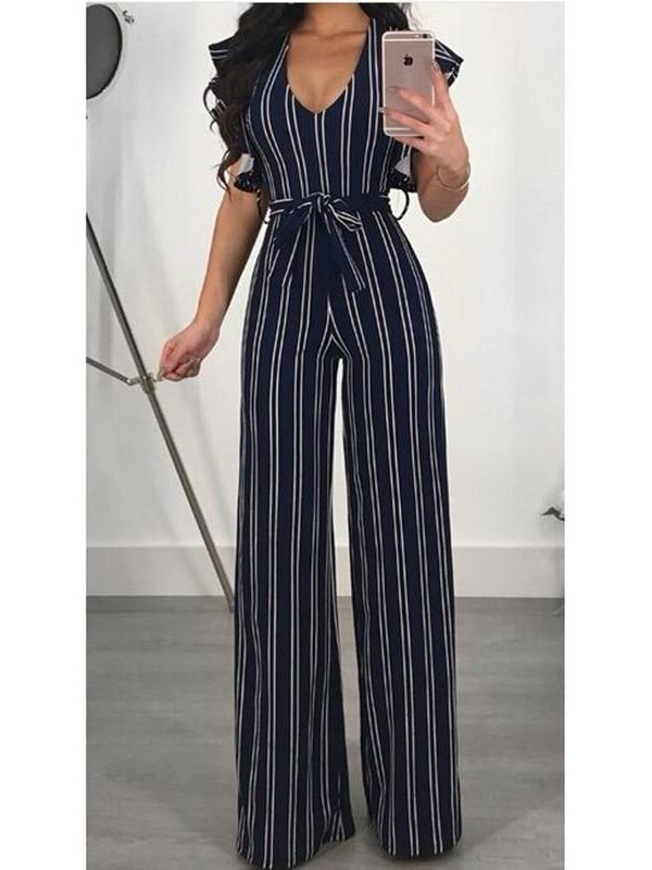 Ruffle sleeve wrap jumpsuit Summer fashion wide leg pants women jumpsuit Striped printed high waist rompers female overalls new - Takalr