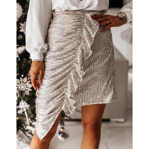 Ruffles Designed Sequined Skirt Women Summer Fashion High Waist Skirt Irregular Ruched Mini Skirts Saias Mujer - Takalr