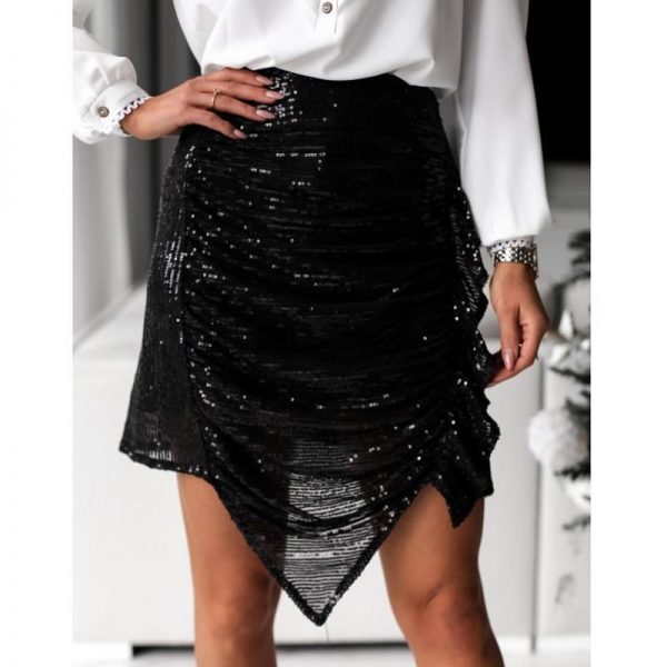 Ruffles Designed Sequined Skirt Women Summer Fashion High Waist Skirt Irregular Ruched Mini Skirts Saias Mujer - Takalr