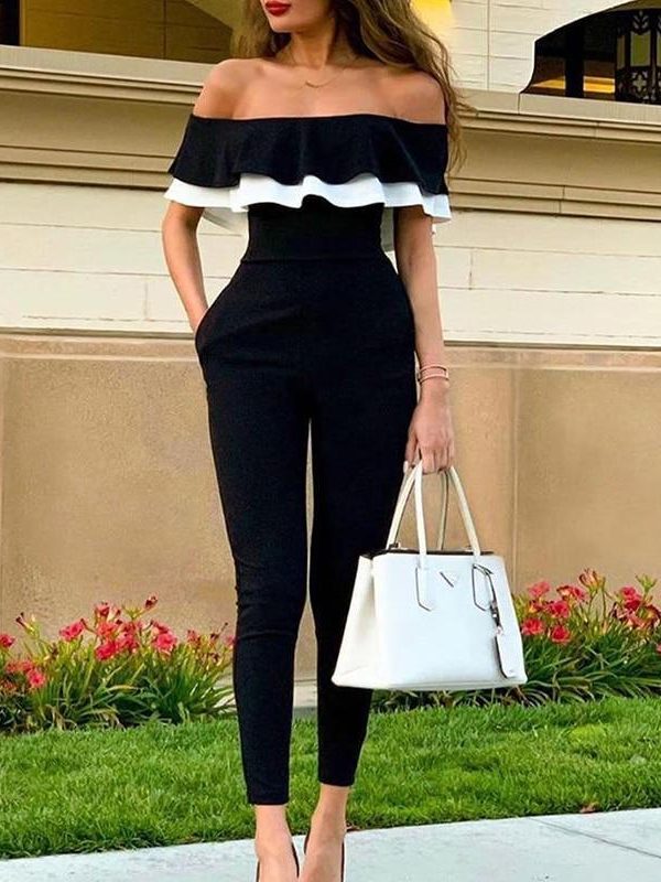 Ruffles design off shoulder jumpsuit women Short sleeve solid black romeprs womens jumpsuit Summer casual overalls woman - Takalr