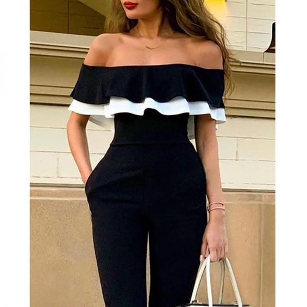 Ruffles design off shoulder jumpsuit women Short sleeve solid black romeprs womens jumpsuit Summer casual overalls woman - Takalr