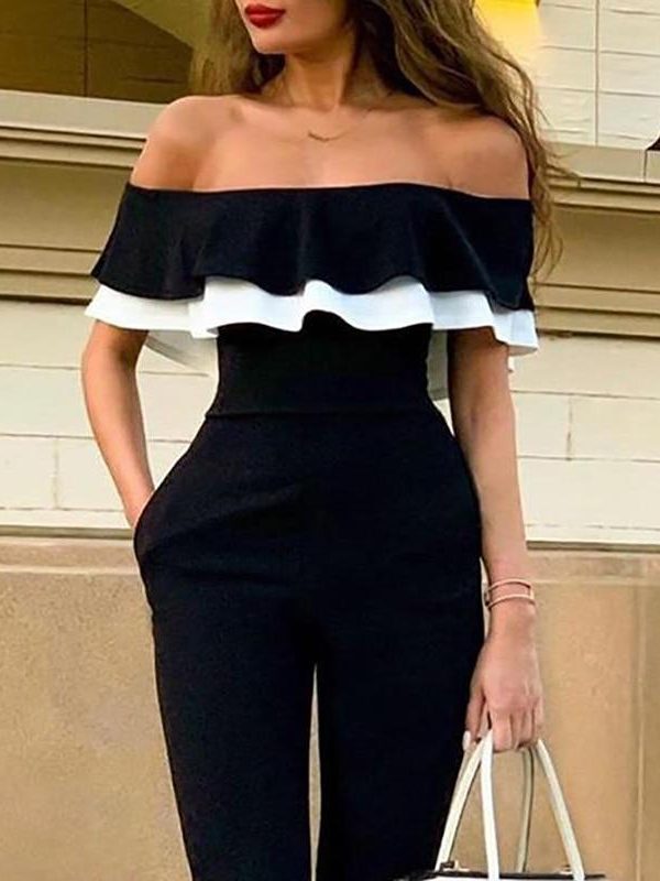 Ruffles design off shoulder jumpsuit women Short sleeve solid black romeprs womens jumpsuit Summer casual overalls woman - Takalr