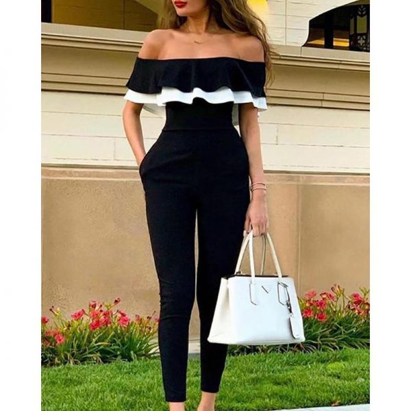 Ruffles design off shoulder jumpsuit women Short sleeve solid black romeprs womens jumpsuit Summer casual overalls woman - Takalr