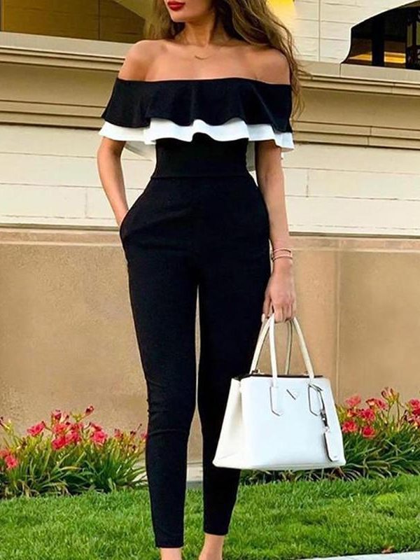 Ruffles design off shoulder jumpsuit women Short sleeve solid black romeprs womens jumpsuit Summer casual overalls woman - Takalr