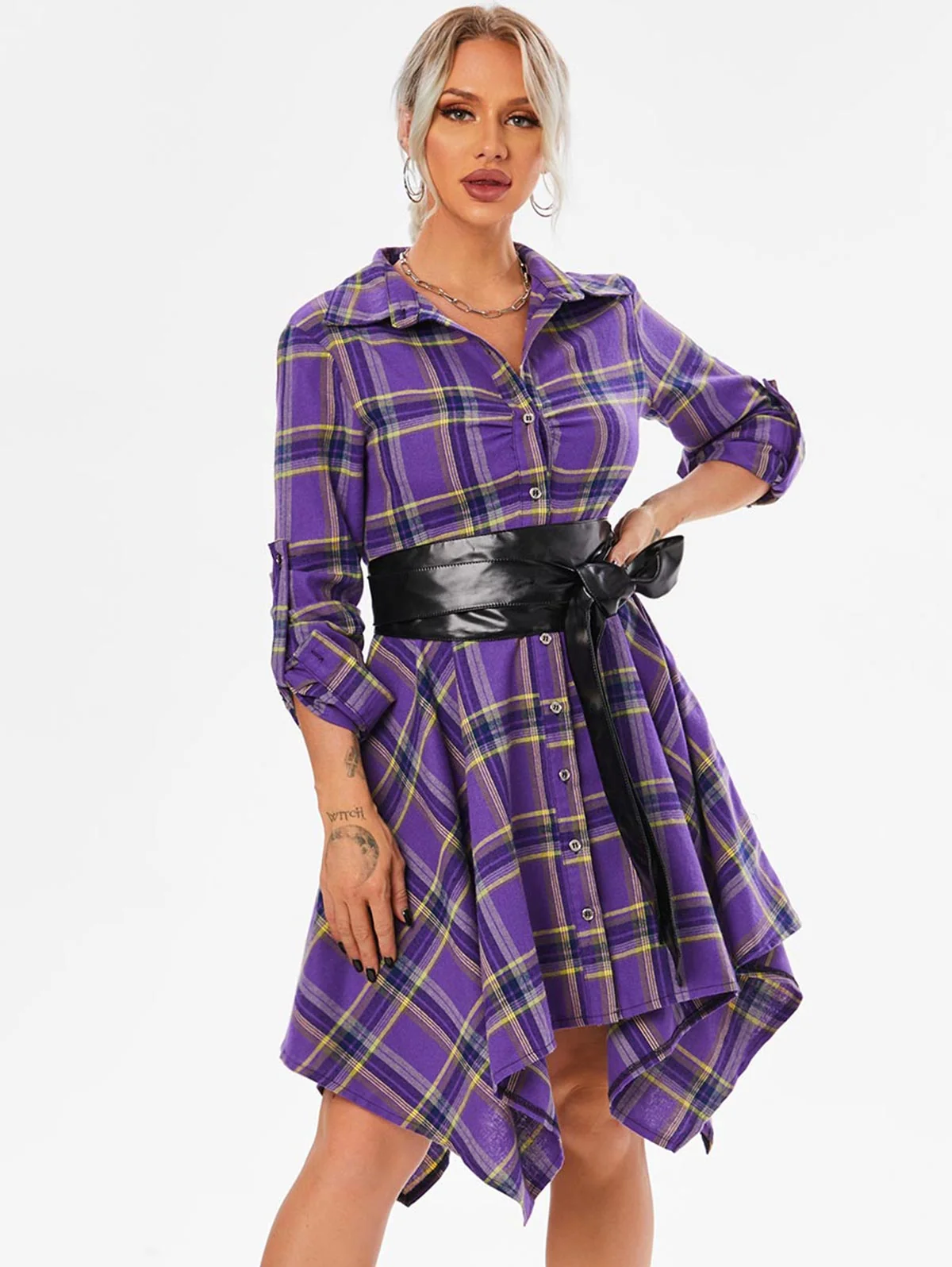 Handkerchief Dress Fashion Plaid Print Button Up Long Sleeve Shirt Dress Fall Clothes for Women Casual Short Dresses - Image 3