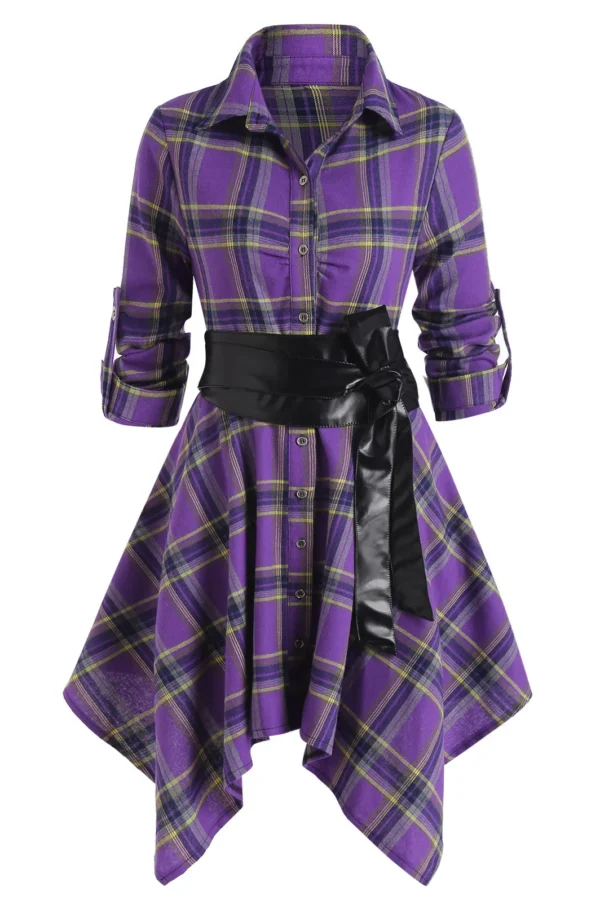 Handkerchief Dress Fashion Plaid Print Button Up Long Sleeve Shirt Dress Fall Clothes for Women Casual Short Dresses