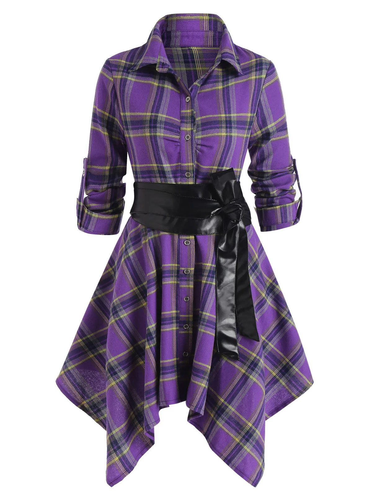 Handkerchief Dress Fashion Plaid Print Button Up Long Sleeve Shirt Dress Fall Clothes for Women Casual Short Dresses