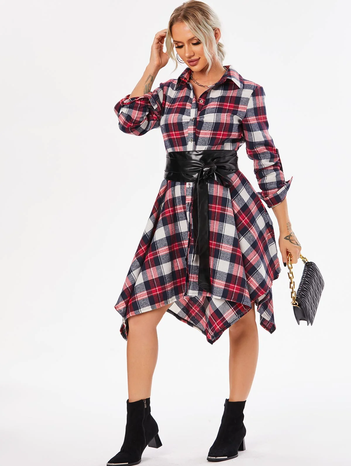 Handkerchief Dress Fashion Plaid Print Button Up Long Sleeve Shirt Dress Fall Clothes for Women Casual Short Dresses - Image 14