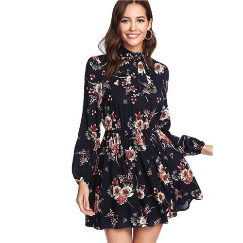 Autumn Floral Women Dresses Multicolor Elegant Long Sleeve High Waist A Line Chic Dress Ladies Tie Neck Dress - Takalr