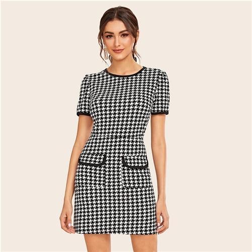 Black And White Flap Pocket Houndstooth Ringer Elegant Dress Women Autumn Short Sleeve Contrast Binding Short Dresses - Takalr