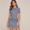 Black And White Flap Pocket Houndstooth Ringer Elegant Dress Women Autumn Short Sleeve Contrast Binding Short Dresses - Takalr