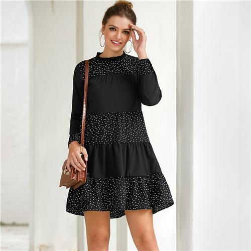 Black Contrast Polka Dot Frill Mock Neck Babydoll Dress Women Spring Long Sleeve Casual Flared Smocked Short Dresses - Takalr