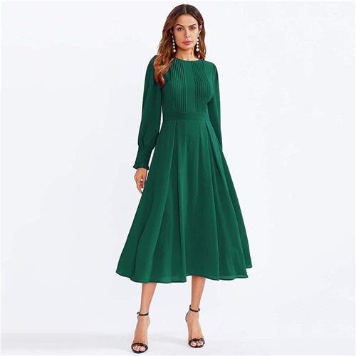 Frilled Cuff Pleated Panel Fit And Flare Maxi Dress Women Spring Elegant Solid High Waist A Line Long Dress Party Dress - Takalr