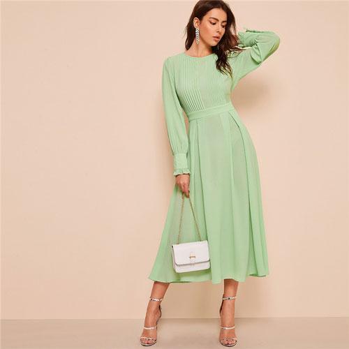 Frilled Cuff Pleated Panel Fit And Flare Maxi Dress Women Spring Elegant Solid High Waist A Line Long Dress Party Dress - Takalr