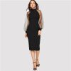 Party Black or Blue Pencil Bodycon Dress With Jacquard Contrast Mesh Lantern Sleeve Spring Women Long Sleeve Solid Dresses - Takalr