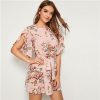 Pastel Pink Split Sleeve Self Belted Floral Print Dress Women Summer Boat Neck Bohemian Ladies Straight Short Dresses - Takalr