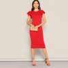 Red Layered Ruffle Sleeve Crisscross Back Bodycon Dress Women Summer Elegant Sleeveless Solid Slim Midi Party Dress - Takalr