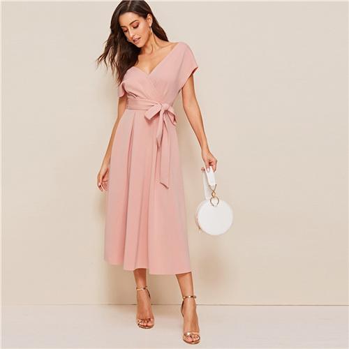 Zipper Back Surplice Neck Belted Flare Dress Elegant Women Summer Dress Solid Deep V Neck High Waist Dress - Takalr