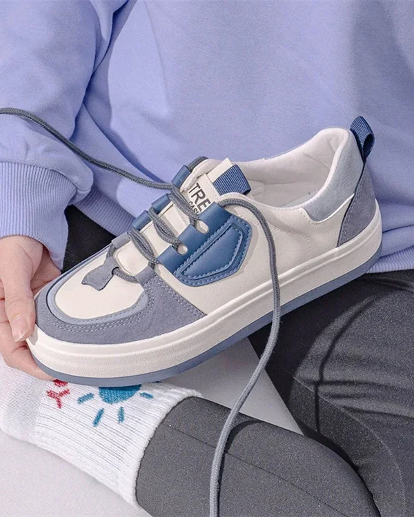 Spring Women's Sneakers Retro Leather Casual Shoes Girls Comfy Mixed-Color Korean Style Platform Shoes