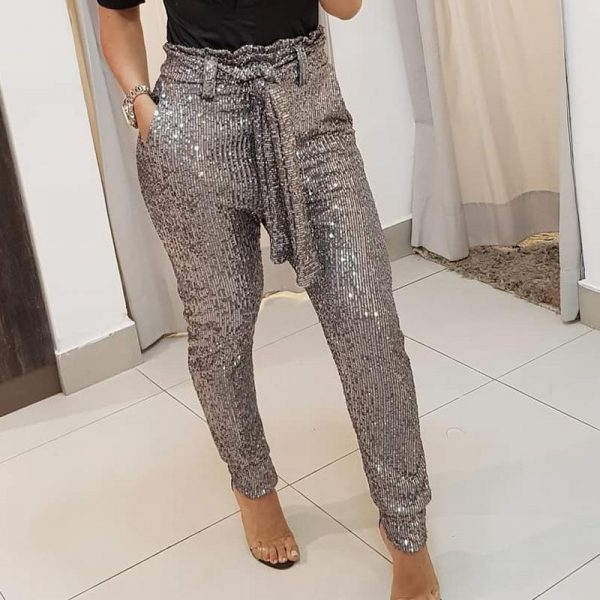 Sashes High Waist Sequined Pants Women Elegant Shinny Skinny Pencil Party Pants Glitter Sequin Wrap Waist Long Trousers - Takalr