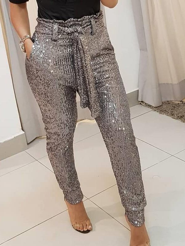 Sashes High Waist Sequined Pants Women Elegant Shinny Skinny Pencil Party Pants Glitter Sequin Wrap Waist Long Trousers - Takalr