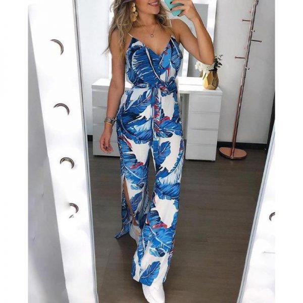 Sashes lace up long jumpsuit for women Summer casual loose rompers Split leg blue overalls for woman body mujer - Takalr