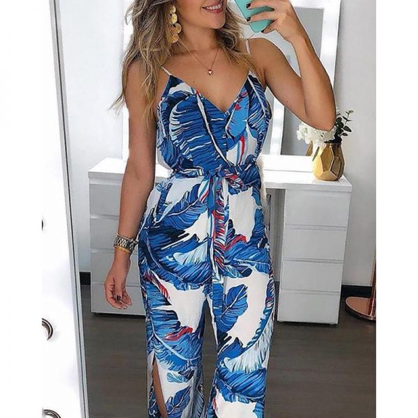 Sashes lace up long jumpsuit for women Summer casual loose rompers Split leg blue overalls for woman body mujer - Takalr