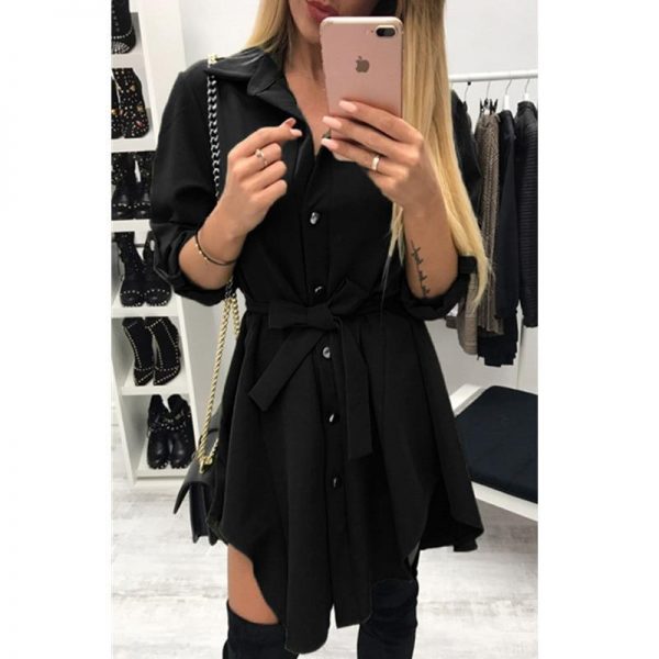 Sashes wrap shirt dress summer Irregular single breasted short dress women Casual tie waist sundress blue vestidos mujer - Takalr