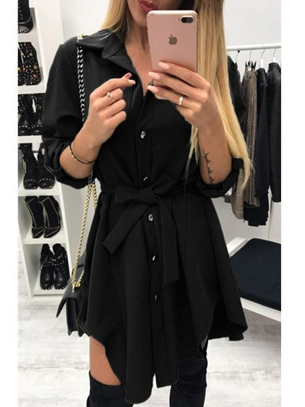 Sashes wrap shirt dress summer Irregular single breasted short dress women Casual tie waist sundress blue vestidos mujer - Takalr