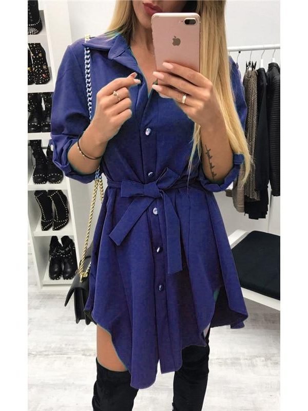 Sashes wrap shirt dress summer Irregular single breasted short dress women Casual tie waist sundress blue vestidos mujer - Takalr