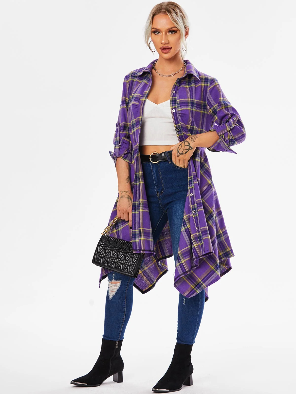Handkerchief Dress Fashion Plaid Print Button Up Long Sleeve Shirt Dress Fall Clothes for Women Casual Short Dresses - Image 5