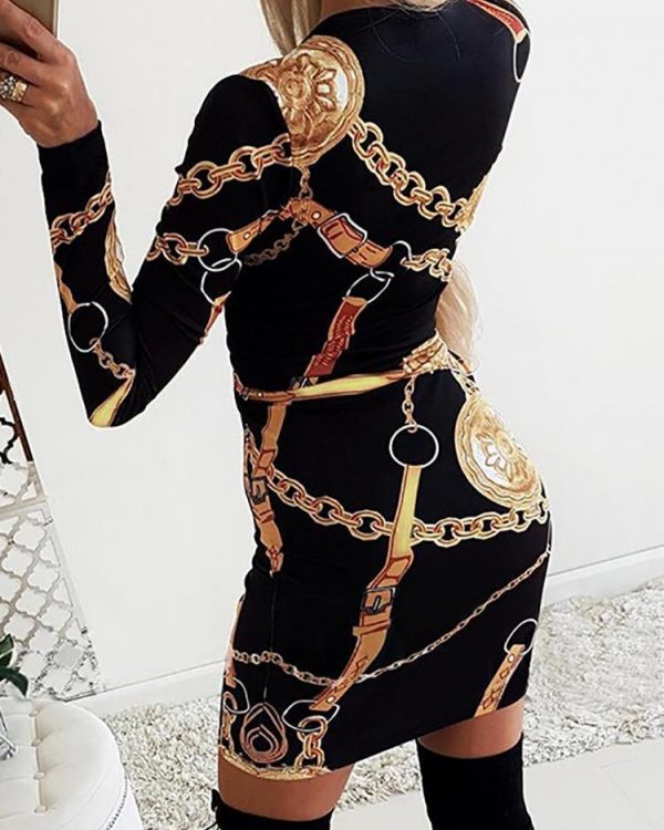 Scarf print long sleeve bodycon dress Women v neck slim mini party dress Vintage stretchy summer dress robe femme - Takalr