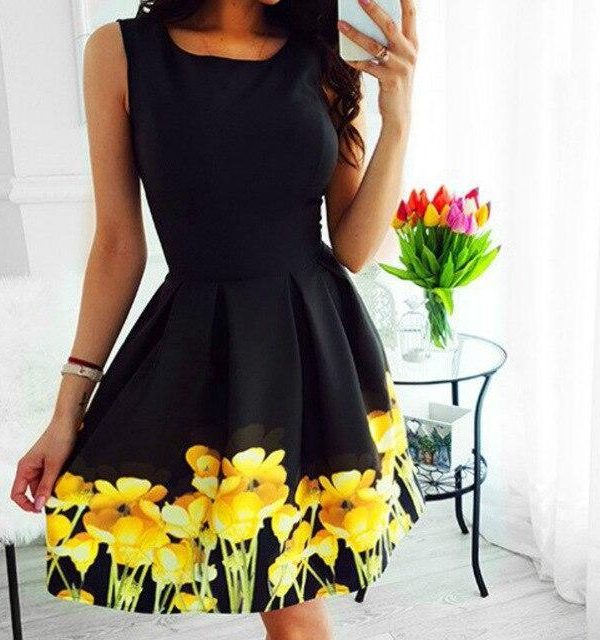 Sexy  Black Round Neck Floral Printed Sleeveless Empire Waist Women Dress Black Sexy Dress Women Mini Dress - Takalr