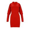 Sexy Dress Party Night Sexy Solid Color Red Off Shoulder Turtleneck Long Sleeve Button Hoolow Out Women Bodycon Dress - Takalr