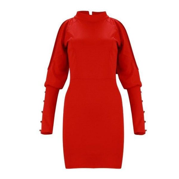 Sexy Dress Party Night Sexy Solid Color Red Off Shoulder Turtleneck Long Sleeve Button Hoolow Out Women Bodycon Dress - Takalr