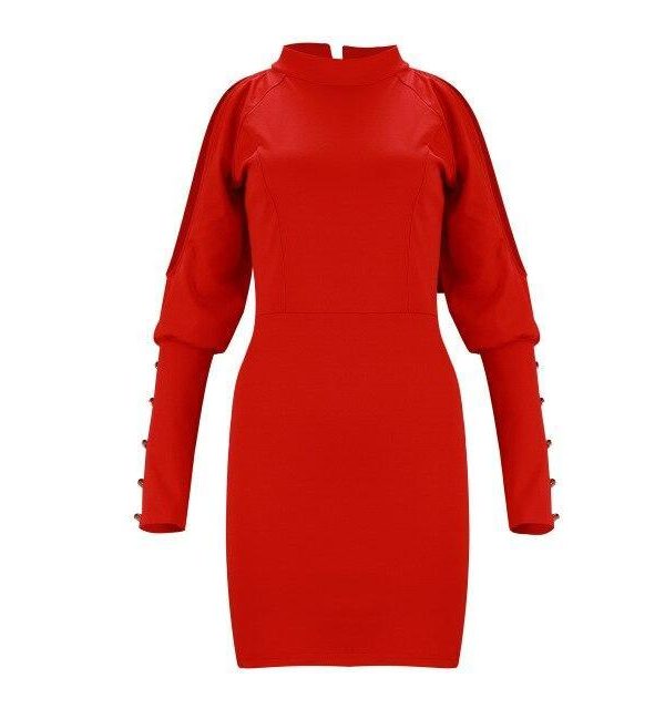 Sexy Dress Party Night Sexy Solid Color Red Off Shoulder Turtleneck Long Sleeve Button Hoolow Out Women Bodycon Dress - Takalr