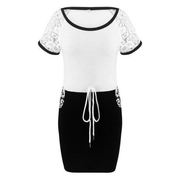 Sexy Dress Short Sleeve Lace Patchwork Lace Up Estic Waist Black Gray Short Sleeve Women Dress Bodycon Dress Women - Takalr