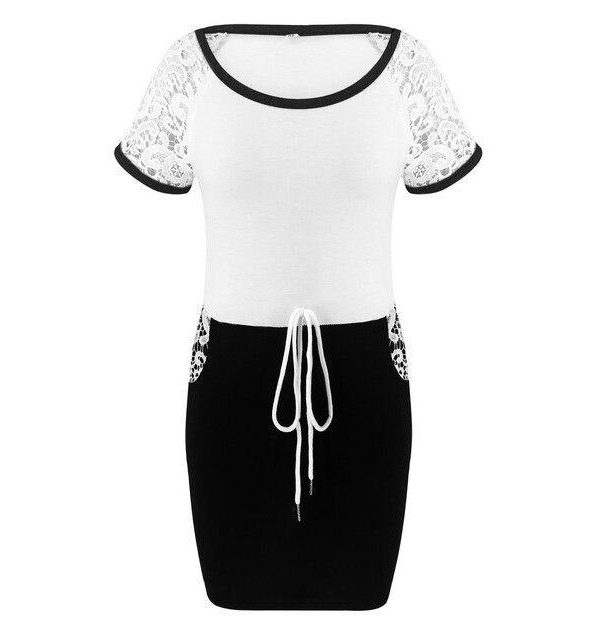 Sexy Dress Short Sleeve Lace Patchwork Lace Up Estic Waist Black Gray Short Sleeve Women Dress Bodycon Dress Women - Takalr