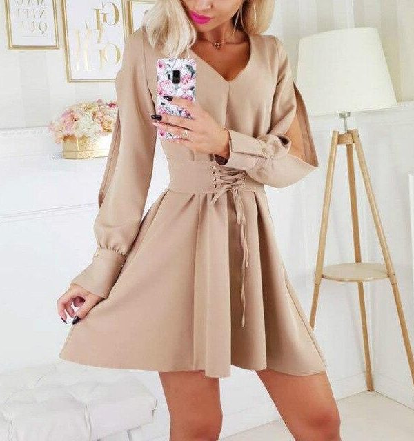 Sexy Dress Women Party Night Fashion Sexy Low Cut Solid Color Off Shoulder Hollow Out Bandage Long Sleeve Women Mini Dress - Takalr