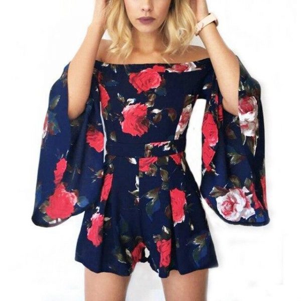 Sexy Fliral Print Off Shoulder Slash Neck Sleeveless Ruffled Rompers Womens Short Jumpsuit Summer Overalls Sexy Playsuit - Takalr