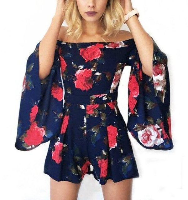 Sexy Fliral Print Off Shoulder Slash Neck Sleeveless Ruffled Rompers Womens Short Jumpsuit Summer Overalls Sexy Playsuit - Takalr