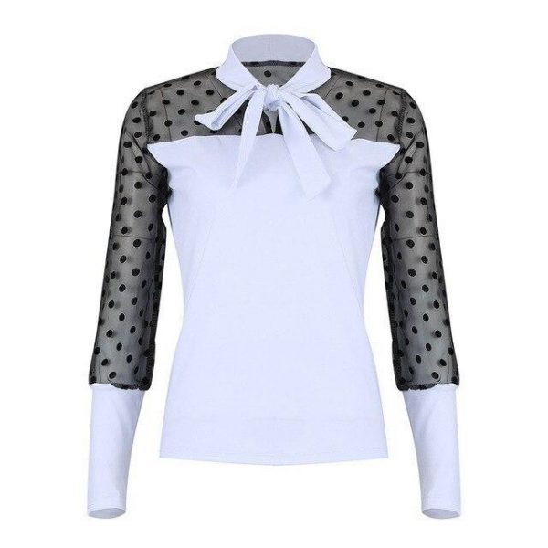 Sexy Long Sleeve Tops and Shirt Fall Clothing Sexy Meshpolka Dot See Through Bow Bandage Long Sleeve Women Blouse - Takalr